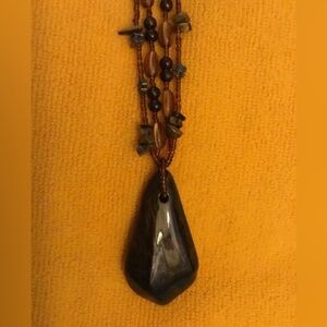 Vintage Amber Lucite & Glass Beaded Double Row Large Teardrop Pendant Necklace